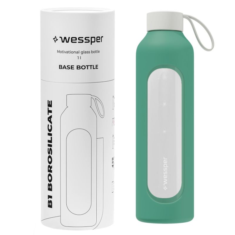 Butelka na wodę, Wessper B1, motywacyjna, z miarką, z etui silikonowym, szkło borokrzemowe, bidon, 1000ml, szmaragdowy, 1szt