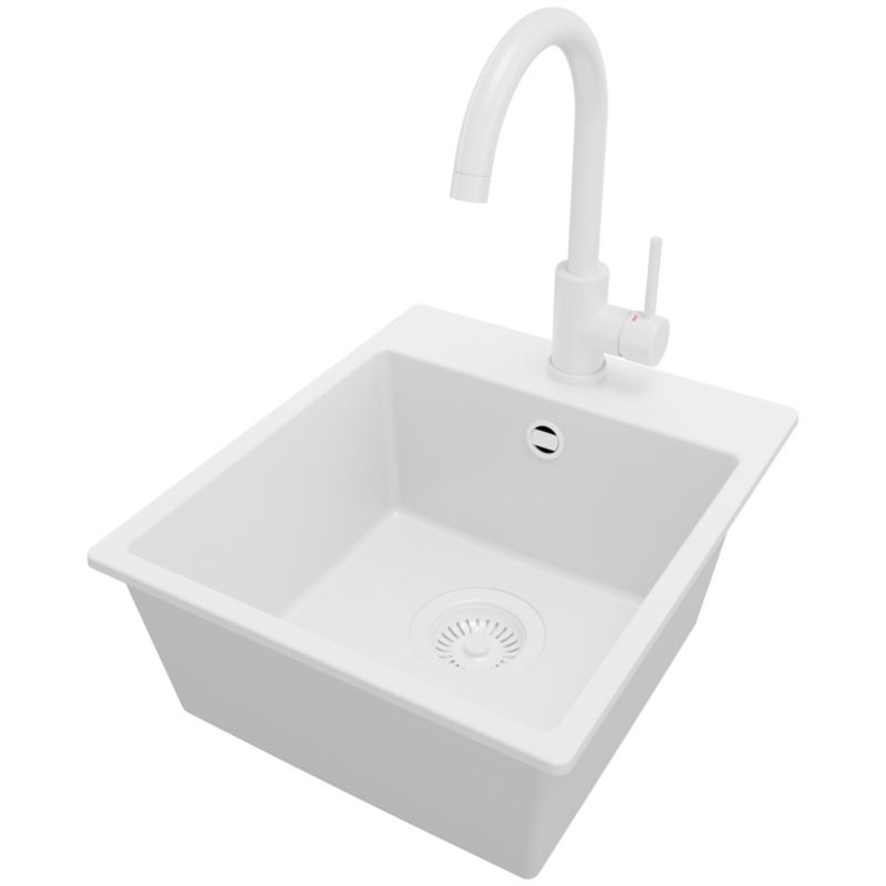 Zlewozmywak Granitowy Ryga Easy PRIMAGRAN Nablatowy 38x44cm do szafki od 40cm, Cały Biały + Bateria 32x20cm + Syfon, S014, 1 szt.