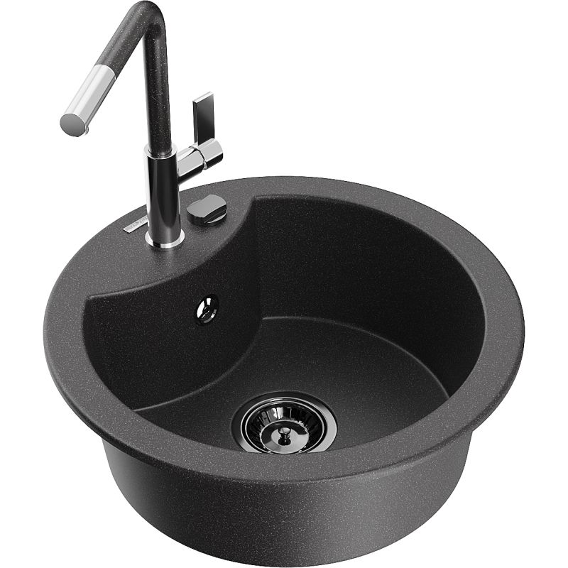 Zlewozmywak granitowy 1-komorowy Mexen Diego z baterią kuchenną Flora czarny nakrapiany - 6512-76-670401-70-B 1 szt.