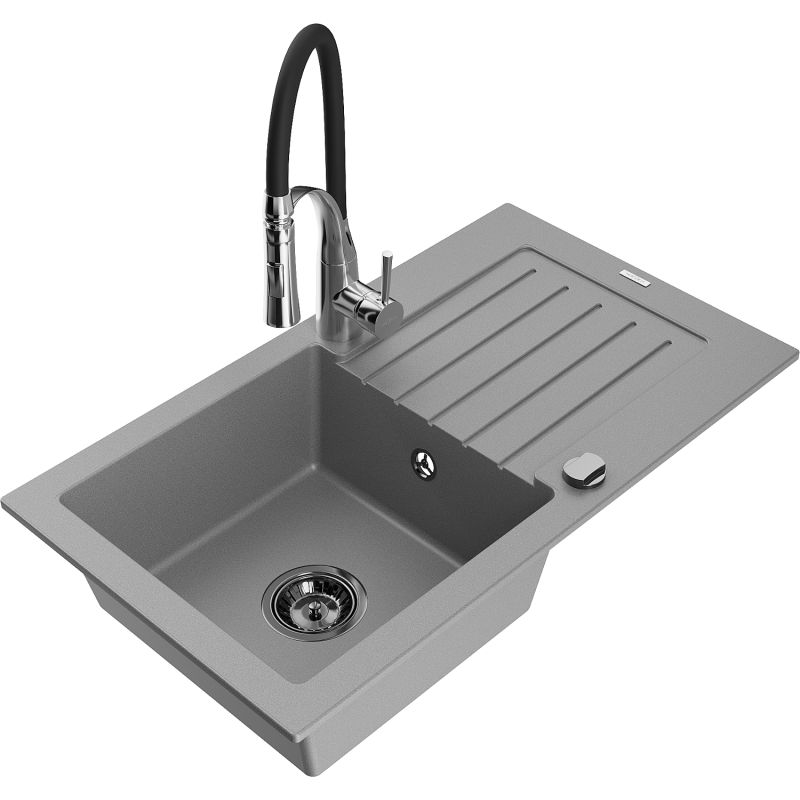 Zlewozmywak granitowy 1-komorowy Mexen Pablo z ociekaczem i baterią kuchenną Aster szary 6510-71-73450-07-B