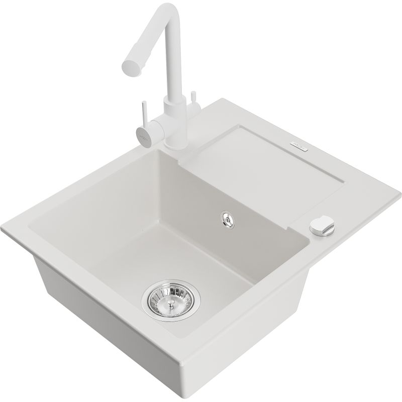 Zlewozmywak granitowy 1-komorowy Mexen Enzo z ociekaczem i baterią kuchenną Duero biały 6506-20-671600-20