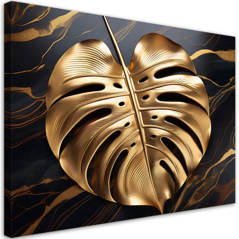 Obraz do salonu Feeby Złoty Liść Monstery Marmur Czarny 60x40 cm 1szt