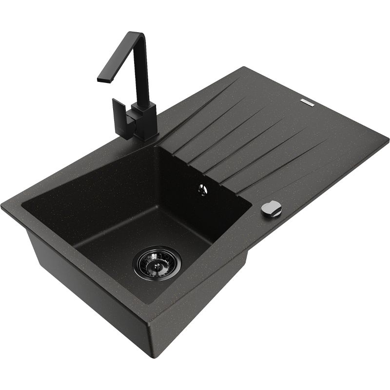 Zlewozmywak granitowy 1-komorowy Mexen Cesar z ociekaczem i baterią kuchenną Rita czarny/złoty metalik - 6514-75-670300-70 1 szt.