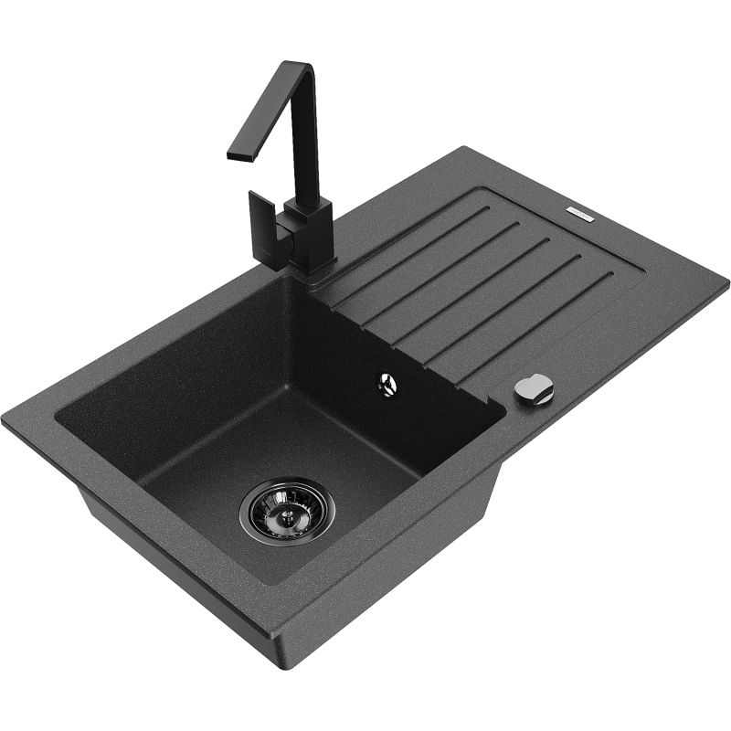 Zlewozmywak granitowy 1-komorowy Mexen Pablo z ociekaczem i baterią kuchenną Rita czarny nakrapiany - 6510-76-670300-70 1 szt.