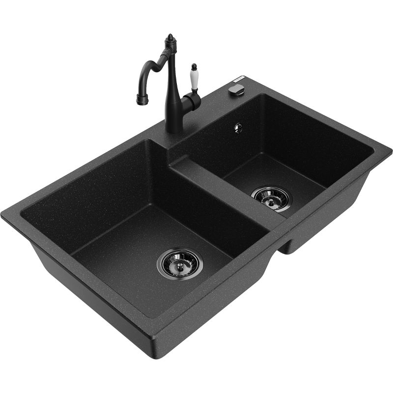 Zlewozmywak granitowy 2-komorowy Mexen Tomas z baterią kuchenną Carla czarny/złoty metalik - 6516-75-670700-70-B 1 szt.