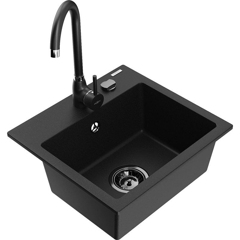 Zlewozmywak granitowy 1-komorowy Mexen Milo z baterią kuchenną Telma czarny - 6505-77-670200-70 1 szt.