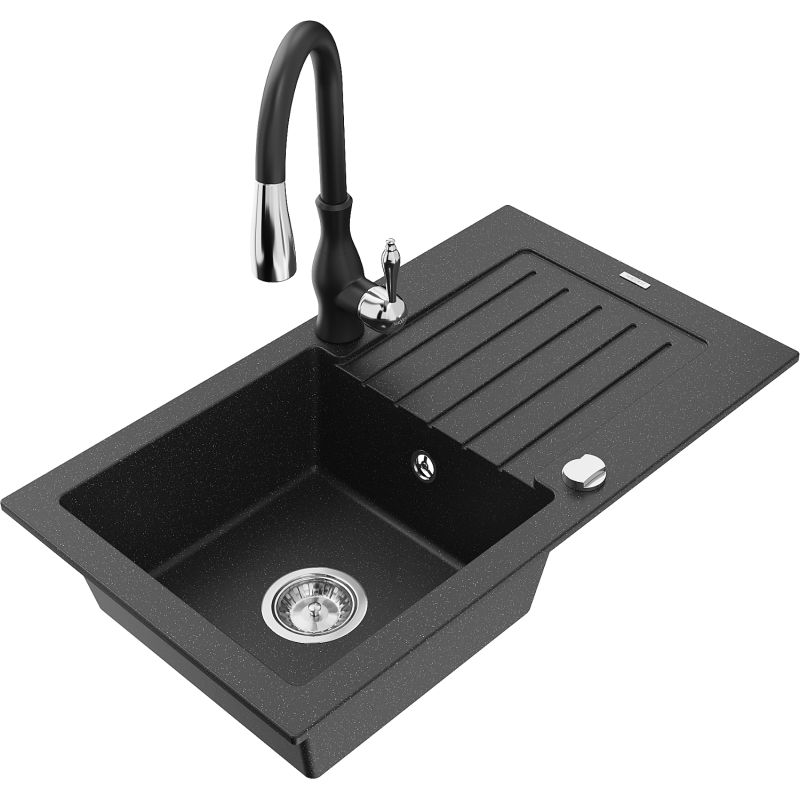 Zlewozmywak granitowy 1-komorowy Mexen Pablo z ociekaczem i baterią Savita czarny/złoty metalik - 6510-75-672601-00 1 szt.