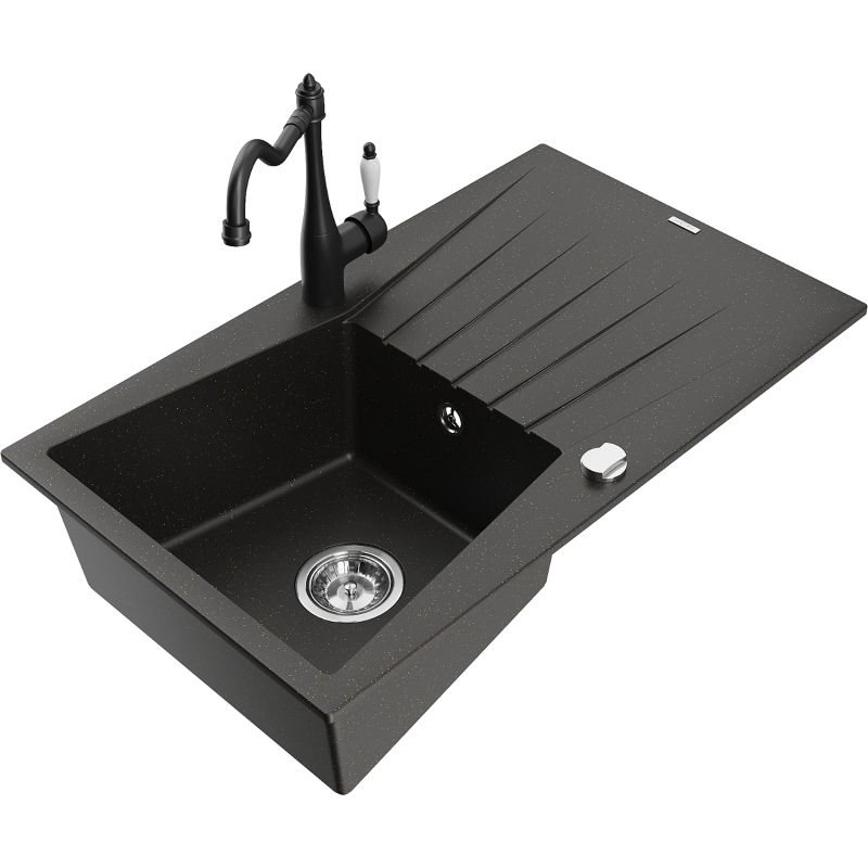 Zlewozmywak granitowy 1-komorowy Mexen Cesar z ociekaczem i baterią kuchenną Carla szary - 6514-71-670700-70 1 szt.