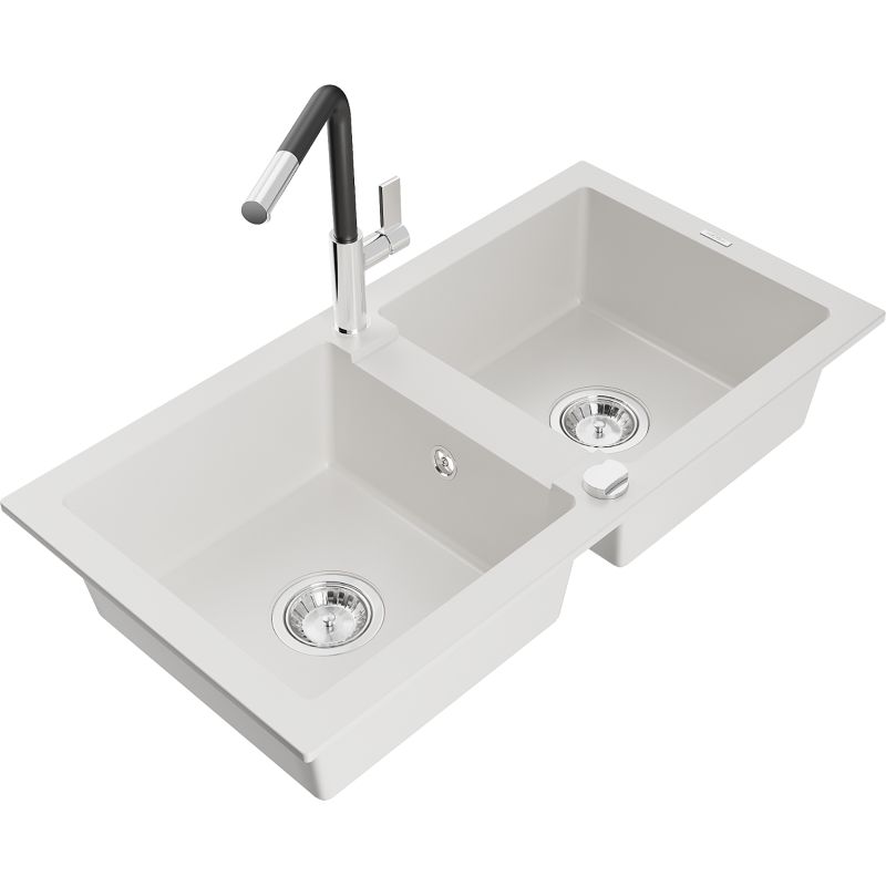 Zlewozmywak granitowy 2-komorowy Mexen Mario z baterią kuchenną Flora biały 6504-20-670401-07