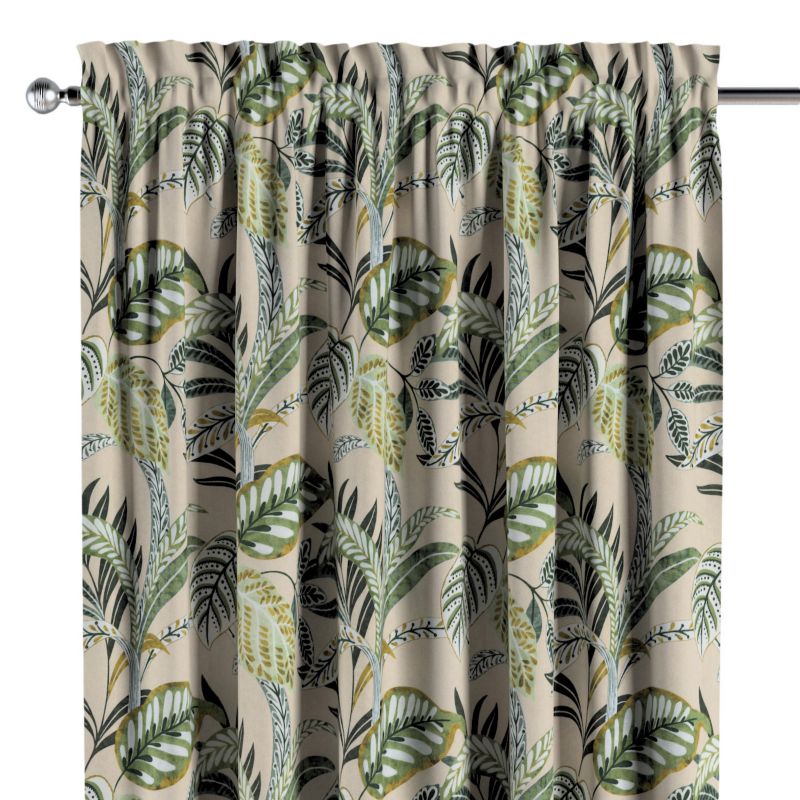 Zasłona na kanale z grzywką 1 szt. 130 x 260 cm Dekoria oliwkowo-zielone liście na lnianym tle 1 szt.