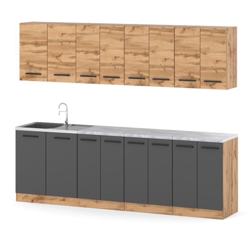 Zestaw Kuchenny Hurtownia-Mebli Z Blatem Kuchnia Vero 260cm Dąb Wotan Dąb Wotan/Szary Mat 260x47x145 cm 1szt.