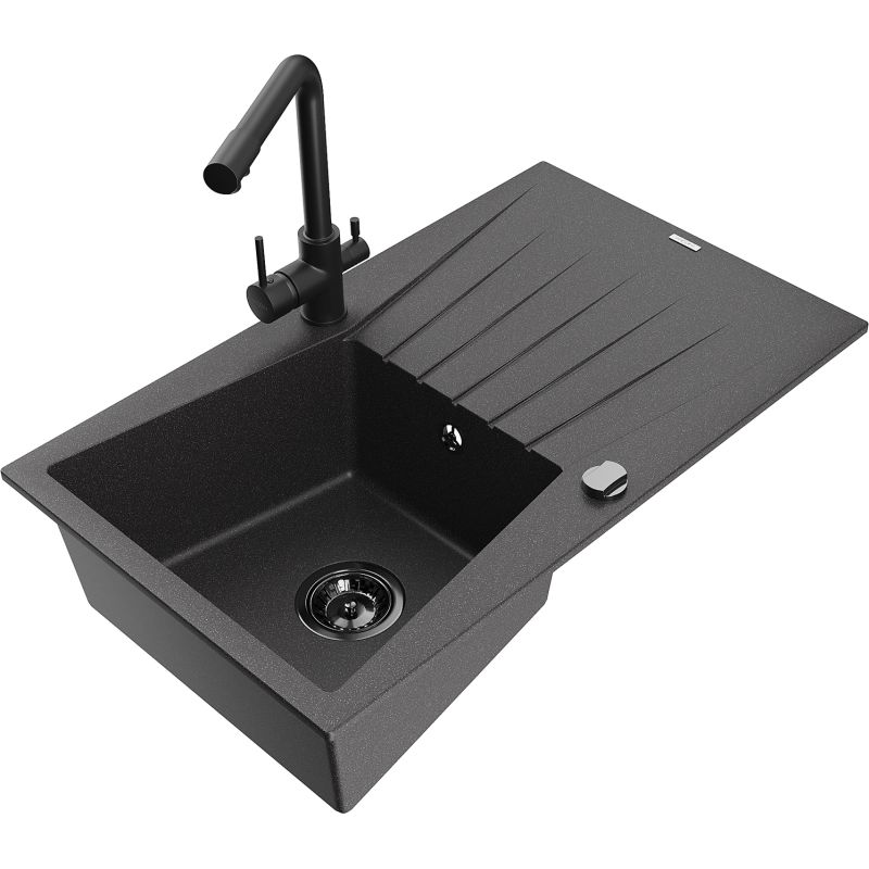 Zlewozmywak granitowy 1-komorowy Mexen Cesar z ociekaczem i baterią kuchenną Duero czarny nakrapiany 6514-76-671600-70-B