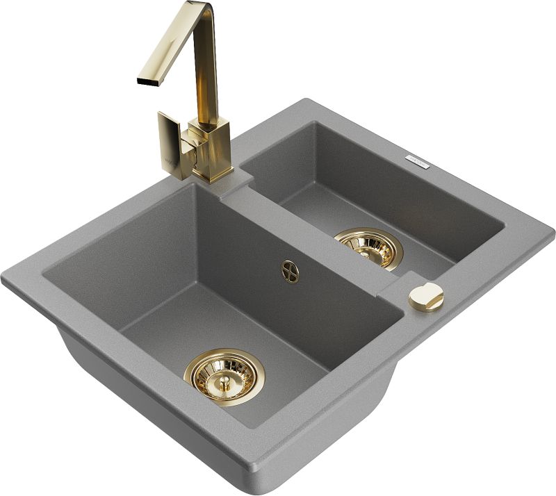 Zlewozmywak granitowy Mexen Carlos 1,5-komorowy z baterią kuchenną Rita szary 6518-71-670300-50