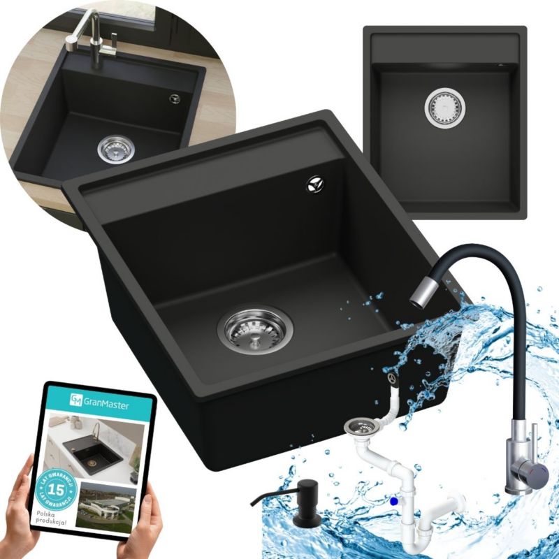 Zestaw zlewozmywak kuchenny GranMaster Magma 1-komorowy z baterią kuchenną, dozownikiem płynu i syfonem, czarny metalik 1szt.