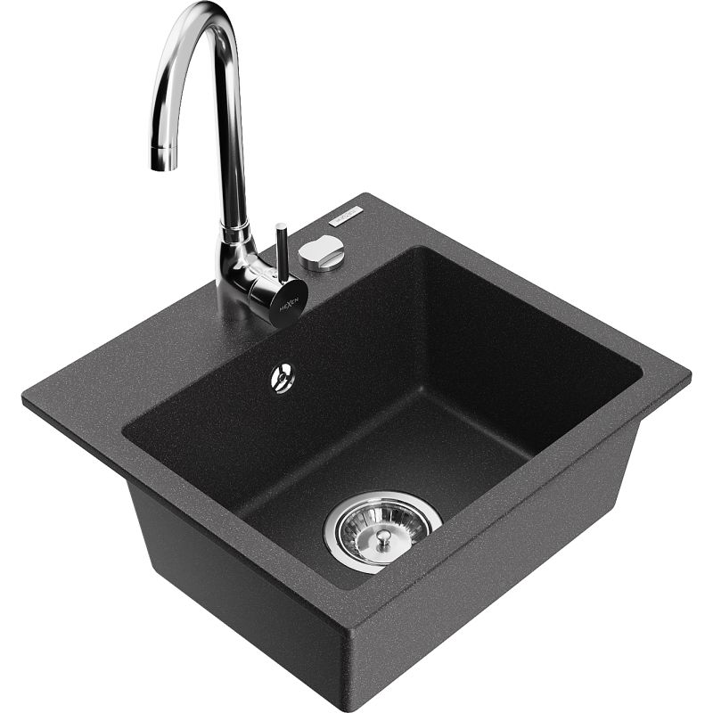 Zlewozmywak granitowy 1-komorowy Mexen Milo z baterią kuchenną Telma czarny/srebrny - 6505-73-670200-70 1 szt.