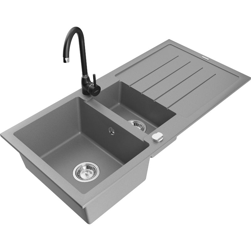 Zlewozmywak granitowy 1.5-komorowy Mexen Andres z ociekaczem i baterią kuchenną Telma szary 6515-71-670200-70