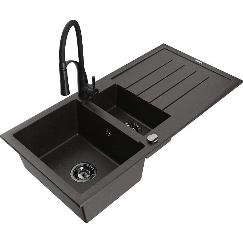 Zlewozmywak granitowy 1.5-komorowy Mexen Andres z ociekaczem i baterią kuchenną Aster szary - 6515-71-73450-70-B 1 szt.