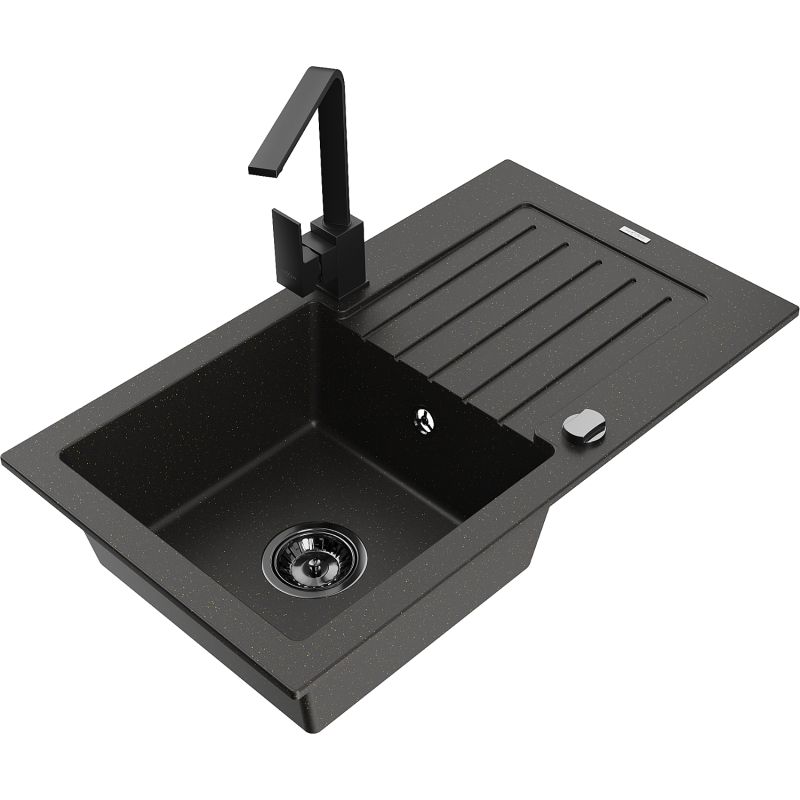 Zlewozmywak granitowy 1-komorowy Mexen Pablo z ociekaczem i baterią Rita czarny/złoty metalik - 6510-75-670300-50-B 1 szt.