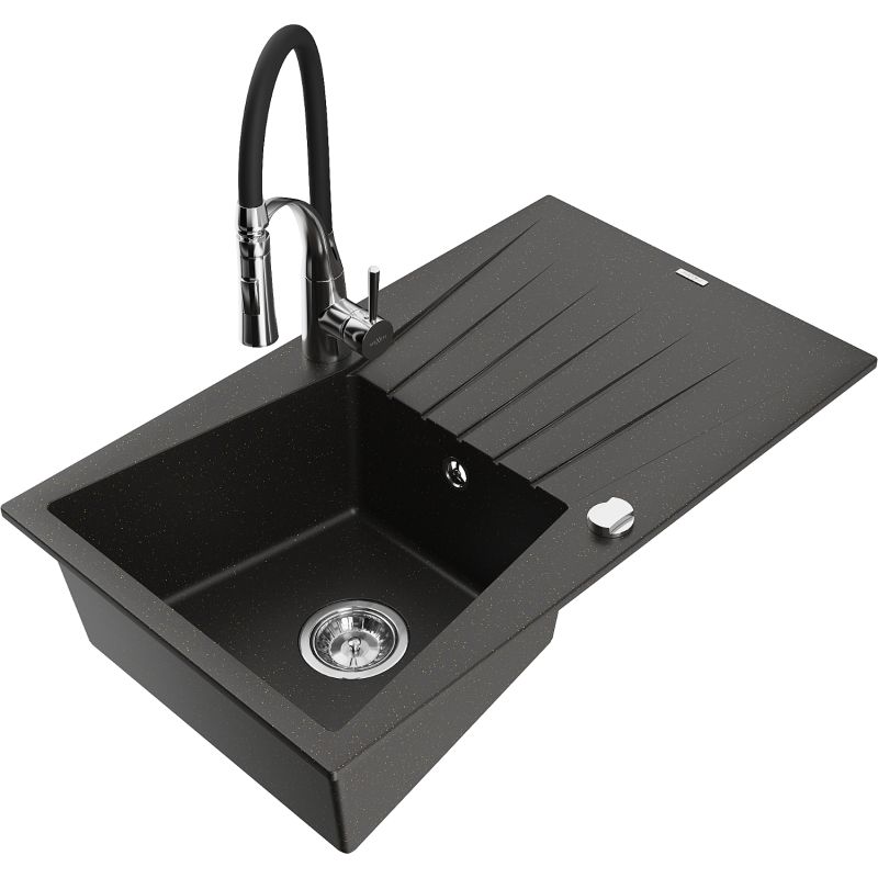 Zlewozmywak granitowy 1-komorowy Mexen Cesar z ociekaczem i baterią kuchenną Aster czarny/złoty metalik 6514-75-73450-07