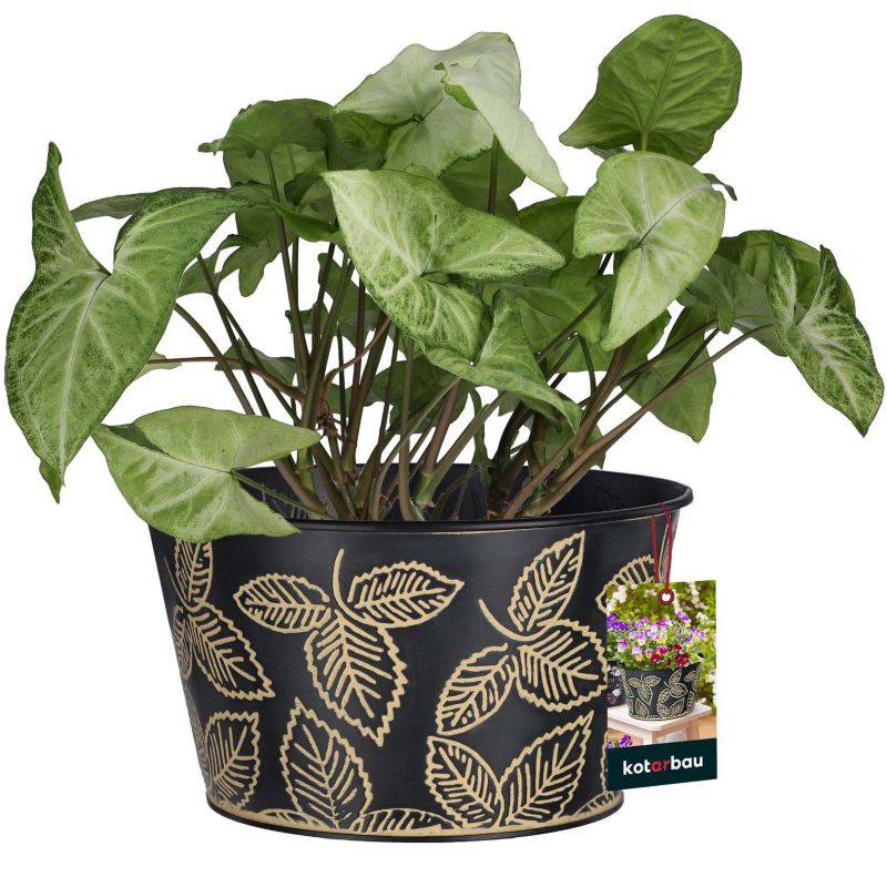 Doniczka okrągła KOTARBAU stalowa czarna ze złotymi liśćmi 1 szt.