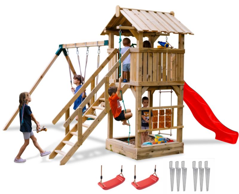 Plac zabaw dla dzieci Meblogród Mały Raj czerwona zjeżdżalnia i huśtawki, piaskownica, drabinka do wspinaczki, 1kpl