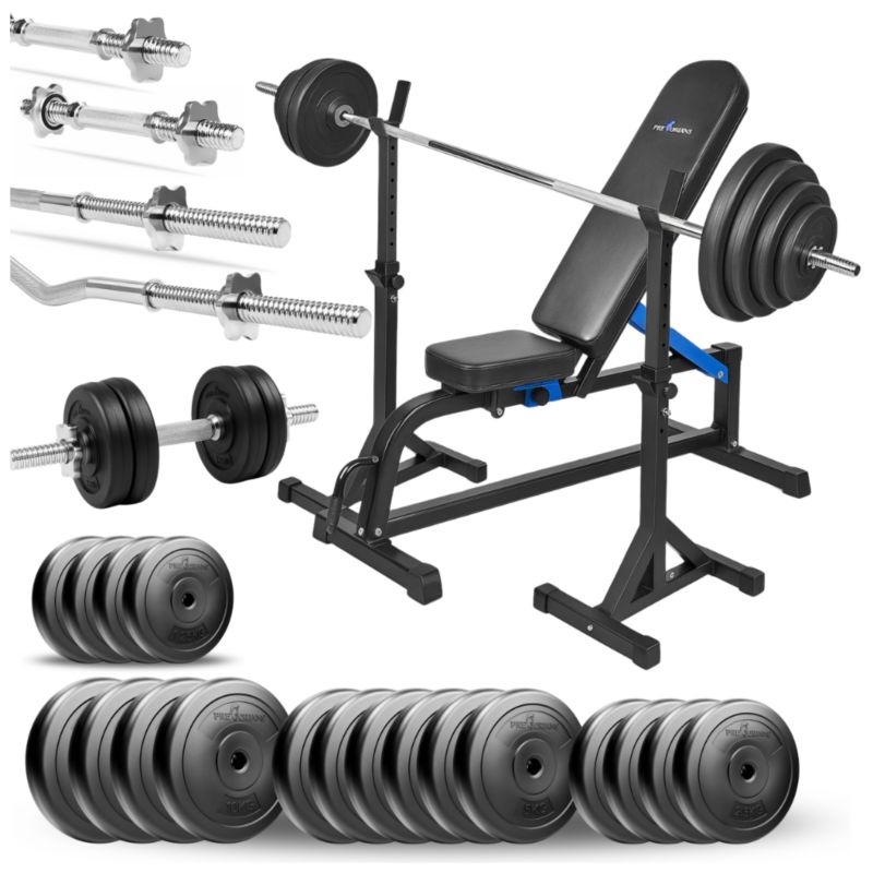 Zestaw do ćwiczeń siłowych Pretorians 139 kg z ławką treningową, stojakami, gryfami, obciążeniem 86 kg zestaw
