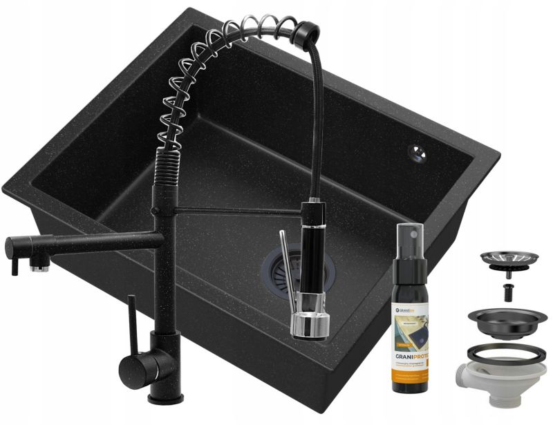 Zlewozmywak granitowy podblatowy Granitan Salix Czarny Bateria Spiral Czarna Syfon Czarny 1 kpt.