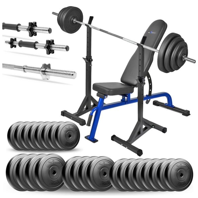 Zestaw do ćwiczeń siłowych Pretorians 134 kg z ławką treningową, stojakami gryfem prostym, obciążeniem 90 kg zestaw
