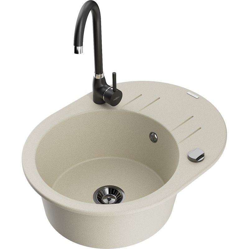 Zlewozmywak granitowy 1-komorowy Mexen Kevin z ociekaczem i baterią kuchenną Telma biały - 6517-20-670200-70 1 szt.