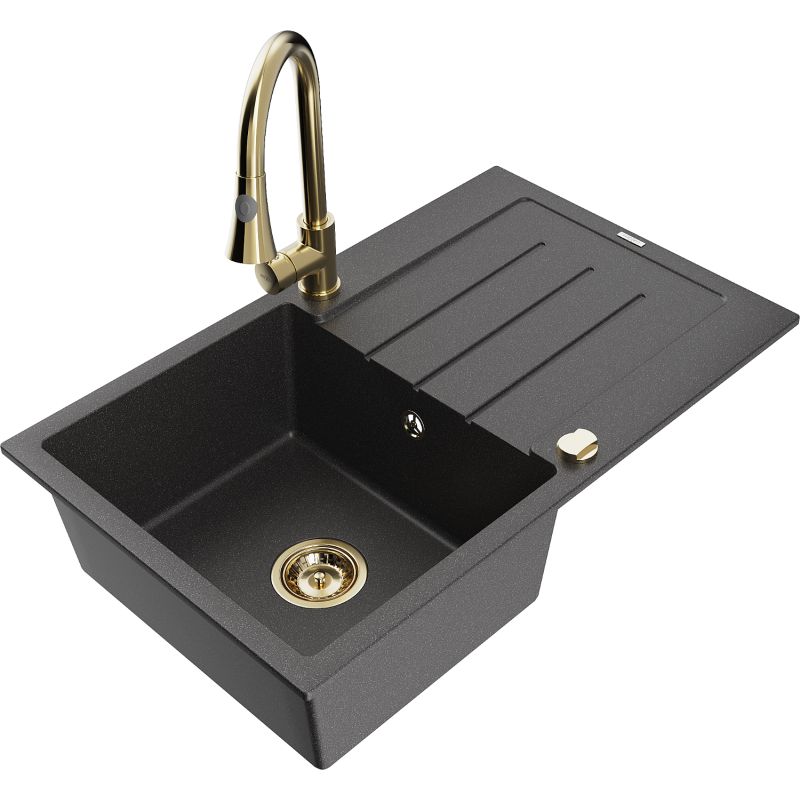 Zlewozmywak granitowy 1-komorowy Mexen Bruno z ociekaczem i baterią kuchenną Elia czarny nakrapiany 6513-76-670101-50