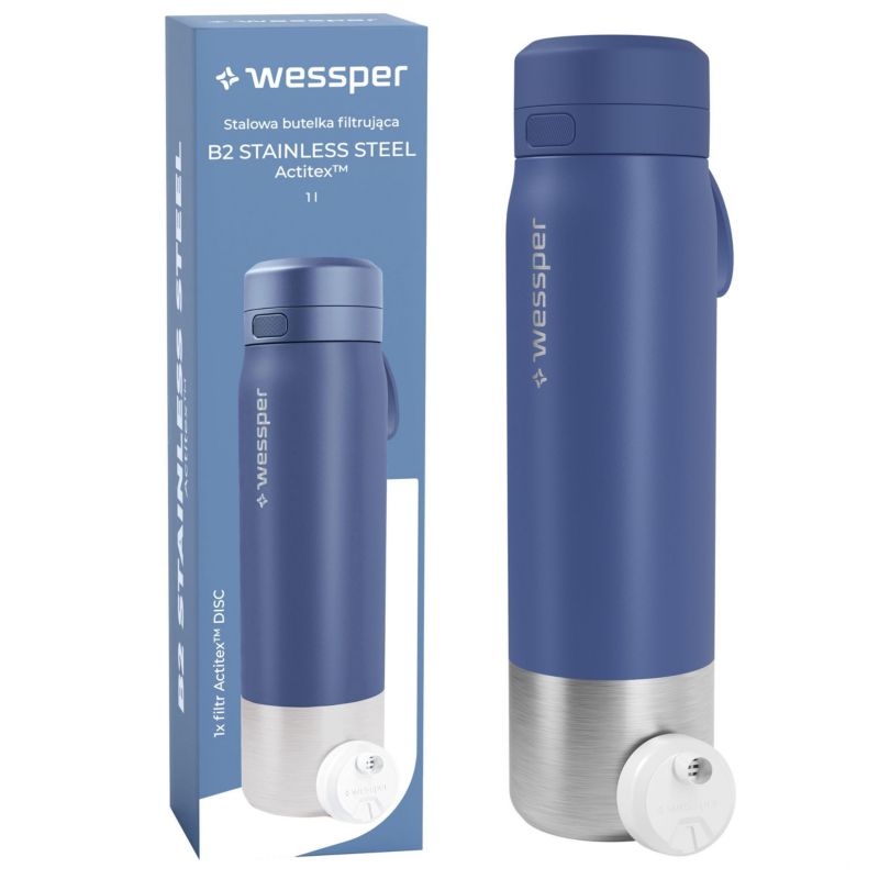 Butelka na wodę, Wessper, filtrująca, stal nierdzewna, bidon, z filtrem wody, 1L, B2 STAINLESS STEEL Actitex, niebieska, 1szt