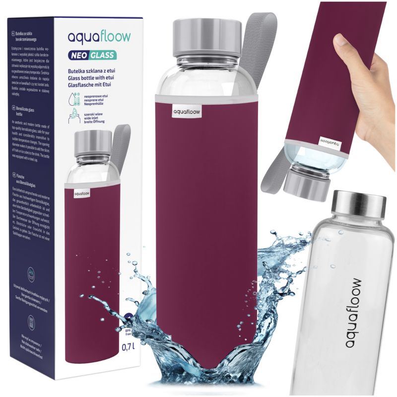 Butelka na wodę, AquaFloow, szklana, z neoprenowym etui, 700ml, bez BPA, szkło borokrzemowe, szczelna, burgundowy, 1szt