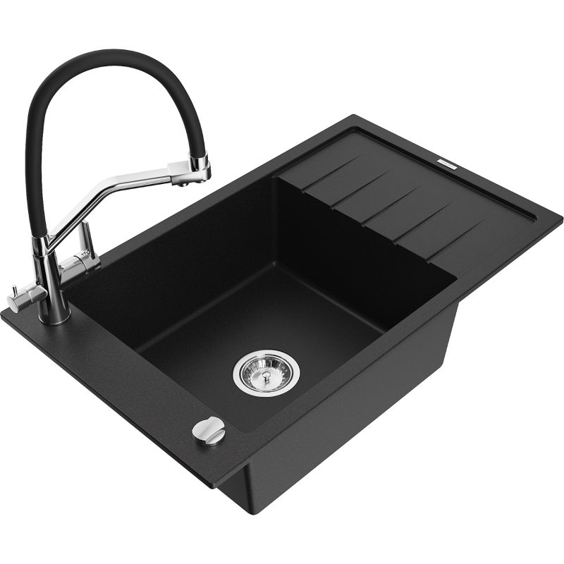Zlewozmywak granitowy 1-komorowy Mexen Elias z ociekaczem i baterią kuchenną Duo czarny 6511-77-671701-07