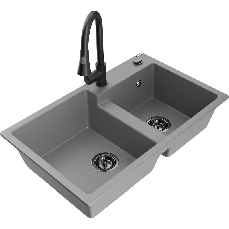Zlewozmywak granitowy 2-komorowy Mexen Tomas z baterią kuchenną Elia szary - 6516-71-670101-70 1 szt.