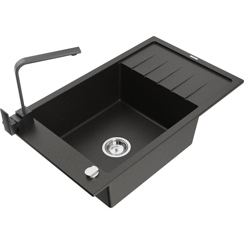 Zlewozmywak granitowy 1-komorowy Mexen Elias z ociekaczem i baterią Rita czarny/złoty metalik - 6511-75-670300-50-B 1 szt.