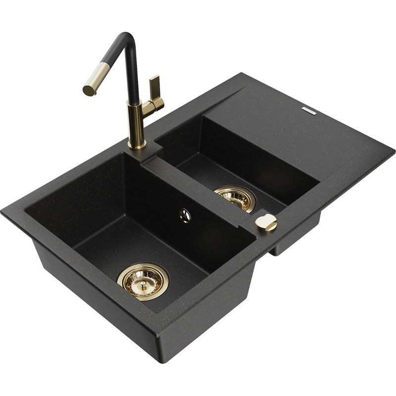 Zlewozmywak granitowy 1.5-komorowy Mexen Gaspar z ociekaczem i baterią kuchenną Flora czarny/złoty 6507-75-670401-57-G