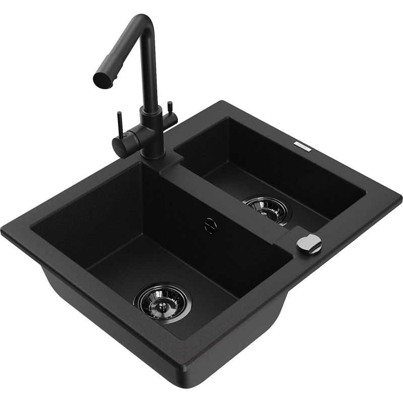 Zlewozmywak granitowy 1.5-komorowy Mexen Carlos z baterią kuchenną Duero czarny nakrapiany - 6518-76-671600-76 1 szt.