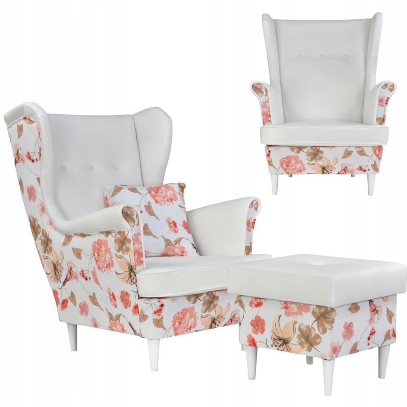 Fotel uszak do salonu z podnóżkiem Family Meble Ari Print Duo róże 1szt