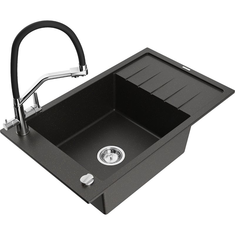 Zlewozmywak granitowy 1-komorowy Mexen Elias z ociekaczem i baterią kuchenną Duo czarny/złoty metalik 6511-75-671701-07