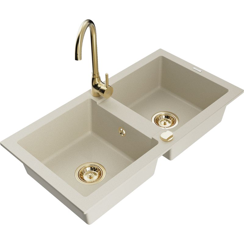 Zlewozmywak granitowy 2-komorowy Mexen Mario z baterią kuchenną Telma beżowy 6504-69-670200-50