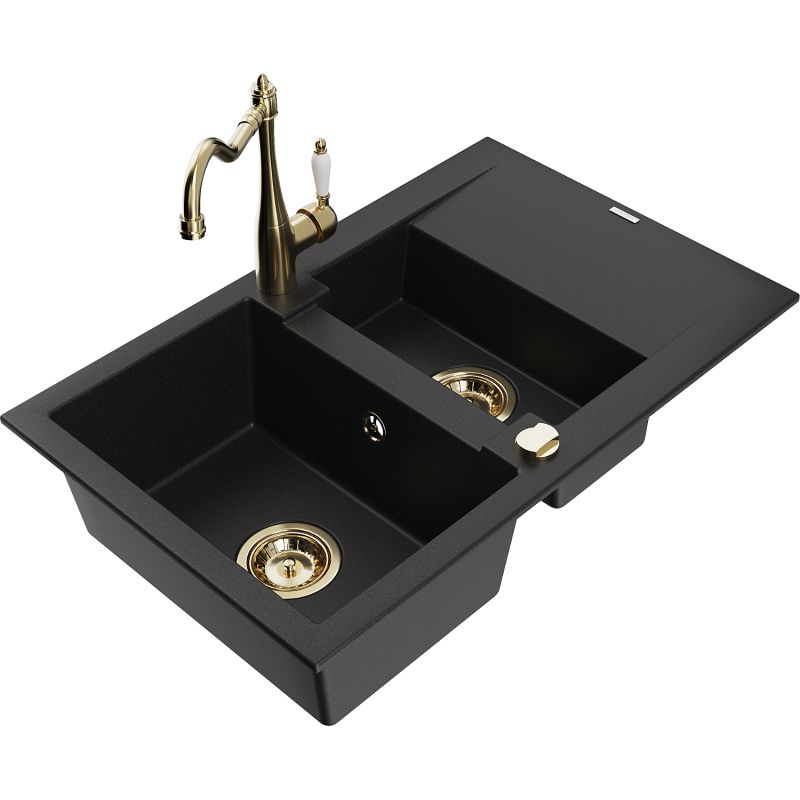 Zlewozmywak granitowy 1.5-komorowy Mexen Gaspar z ociekaczem i baterią kuchenną Carla czarny 6507-77-670700-50