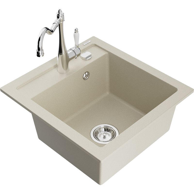 Zlewozmywak granitowy 1-komorowy Mexen Vito z baterią kuchenną Carla beżowy 6503-69-670700-00
