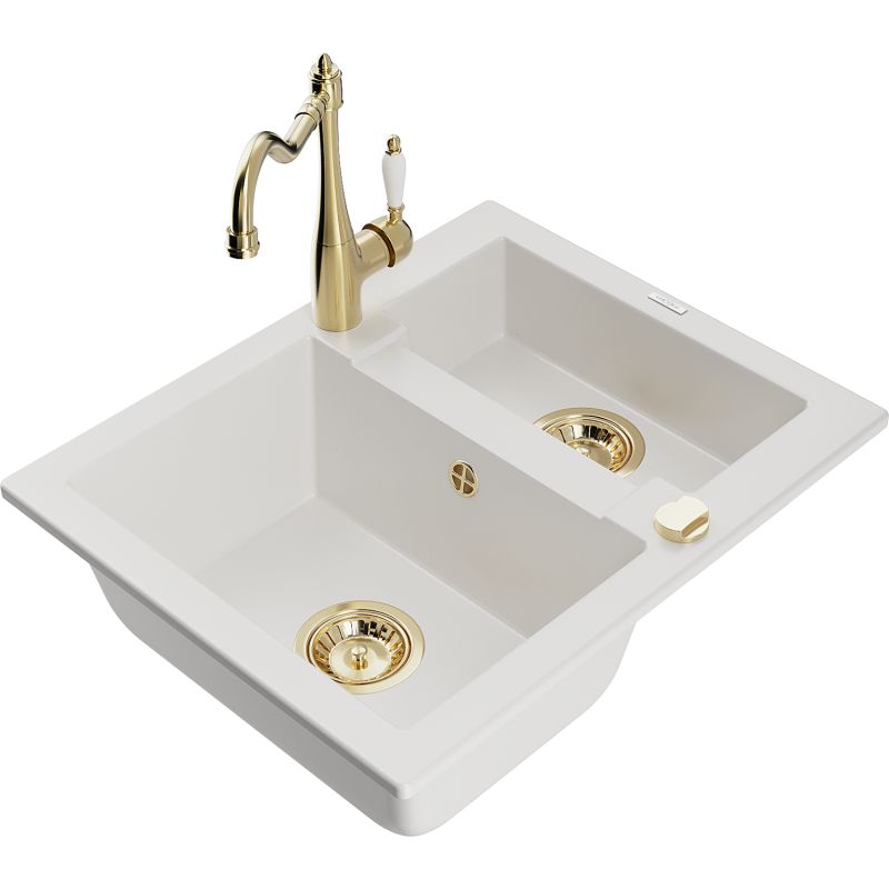 Zlewozmywak granitowy 1.5-komorowy Mexen Carlos z baterią kuchenną Carla biały 6518-20-670700-50