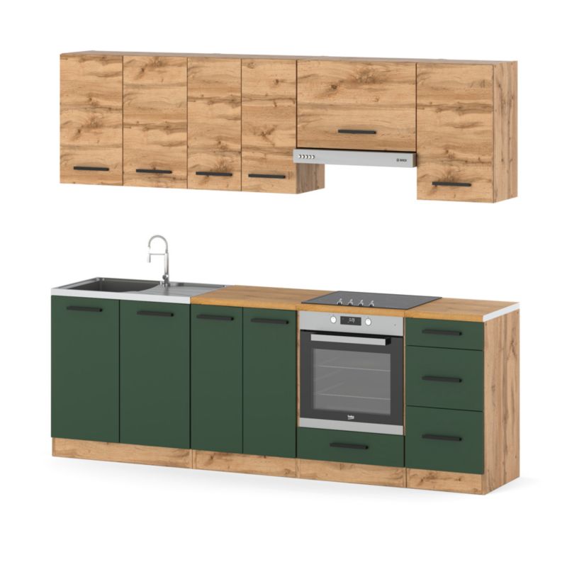 Zestaw Kuchenny Hurtownia-Mebli Z Blatem Kuchnia Mokka Plus 240cm Dąb Wotan Dąb Wotan/Butelkowa Zieleń 240x47x145 cm 1szt.
