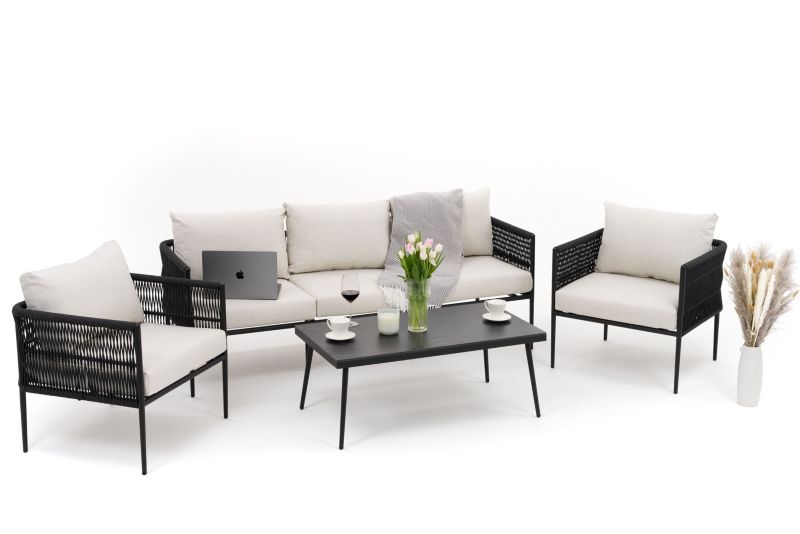 Zestaw mebli ogrodowych sofa fotel New Home BELIZE beżowo czarny aluminiowy z blatem z płyty HPL 1 kpl