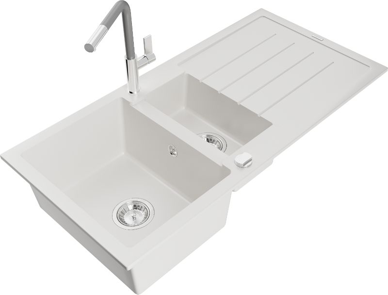 Zlewozmywak granitowy Mexen Andres 1,5-komorowy z ociekaczem i baterią kuchenną Flora biały 6515-20-670401-06