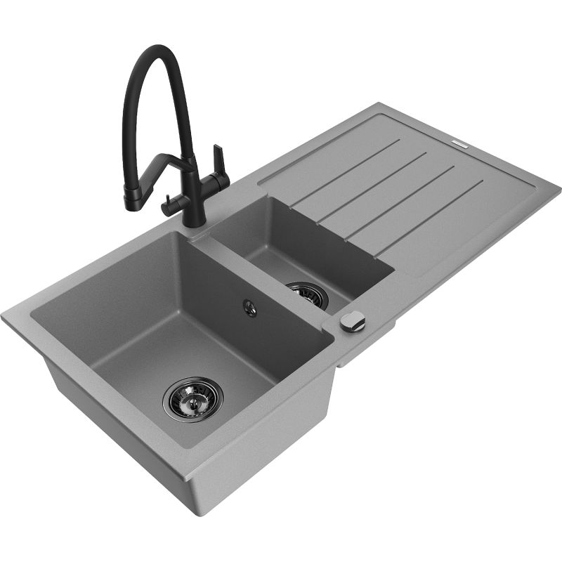 Zlewozmywak granitowy 1.5-komorowy Mexen Andres z ociekaczem i baterią kuchenną Elia czarny - 6515-77-670101-50-B 1 szt.