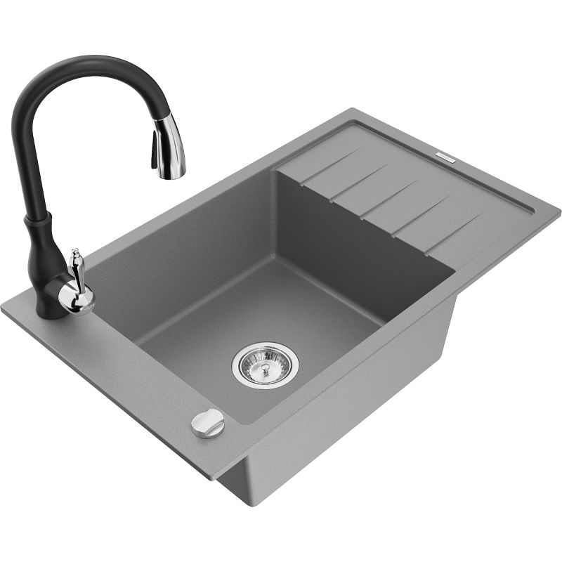 Zlewozmywak granitowy 1-komorowy Mexen Elias z ociekaczem i baterią kuchenną Savita szary 6511-71-672601-70