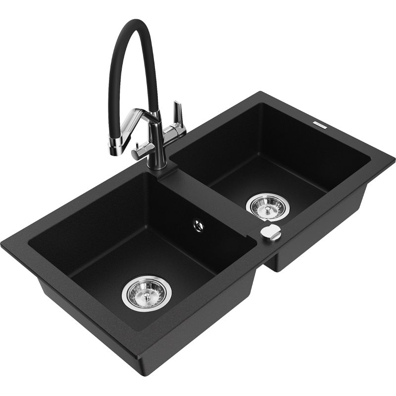 Zlewozmywak granitowy 2-komorowy Mexen Mario z baterią kuchenną Duo czarny - 6504-77-671701-70-B 1 szt.