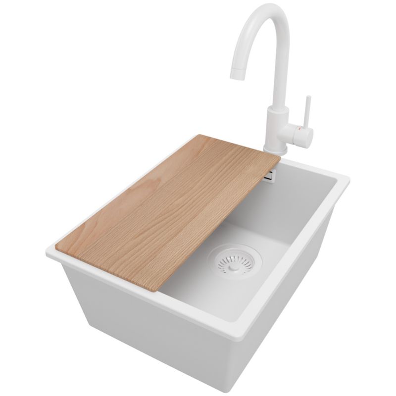 Zlewozmywak Granitowy Londyn Slim PRIMAGRAN Nablatowy 36x47cm do szafki od 40cm z Syfonem i Baterią i Dodatkiem Cały Biały 1 szt.